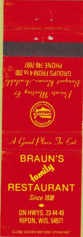 Matchbook Cover - Braun's Family Restaurant Ripon WI