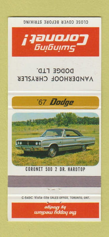 Matchbook Cover - 1967 Dodge Coronet Vanderhoof Chrysler Canada 30 Strike