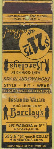 Matchbook Cover - Barclay's Mens Clothes Minneapolis MN WEAR