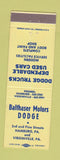Matchbook Cover - Balthaser Motors Dodge Hamburg Virginville PA