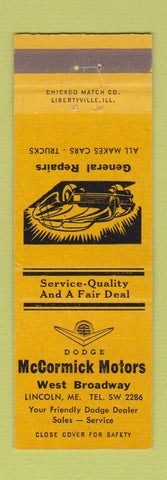 Matchbook Cover - McCormick Motors Dodge Lincoln ME