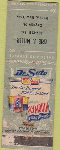 Matchbook Cover - DeSoto Plymouth Cars Ithaca NY POOR