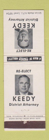 Matchbook Cover - Keedy for District Attorney Election Amherst MA