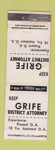 Matchbook Cover - Grife District Attorney Election MA? WORN