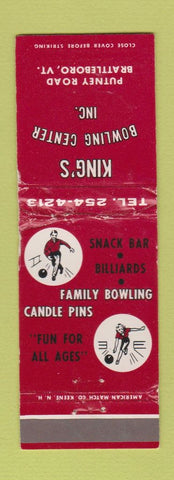 Matchbook Cover - King's Bowling Center Brattleboro VT bowling WORN