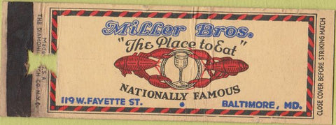 Matchbook Cover - Miller Bros Restaurant Baltimore MD WEAR