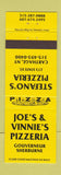 Matchbook Cover - Joe's & Vinnie's Pizza Gouverneur Sherburne NY YELLOW