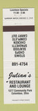 Matchbook Cover - Julian's Restaurant Columbus OH WHITE