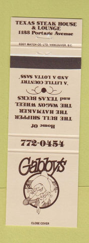 Matchbook Cover - Gabby's Texas Steak House Winnipeg MB