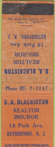Matchbook Cover - DA Blackiston Realtor Insurance Rutherford NJ POOR