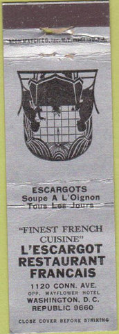 Matchbook Cover - L'Escargot French Restaurant Washington DC