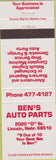 Matchbook Cover - Ben's Auto Parts Lincoln NE
