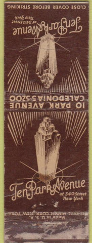 Matchbook Cover - Ten Park Avenue hotel New York City WORN