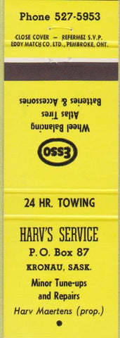 Matchbook Cover - Harv's Service Esso oil gas Kronau SK