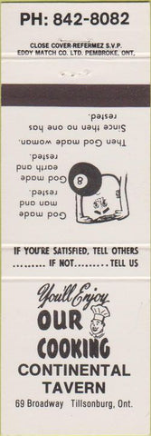 Matchbook Cover - Continental Tavern Tillsonburg ON