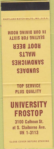 Matchbook Cover - University Frostop NO TOWN