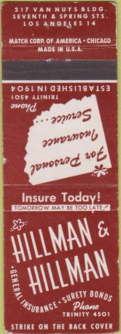 Matchbook Cover - Hillman  and  Hillman Los Angeles CA insurance