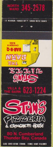 Matchbook Cover - Stan's Pizza Thunder Bay Canada