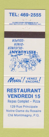 Matchbook Cover - Restaurant Vendredi 15 Pizza Montmagny QC
