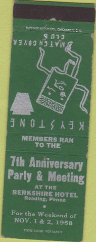 Matchbook Cover - Keystone Match Club Berkshire Hotel Reading PA wear