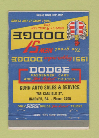 Matchbook Cover - 1951 Dodge Kuhn Sales Hanover PA 40 Strike