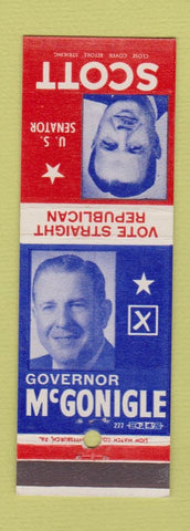 Matchbook Cover - Arthur McGonigle Governor Election PA Hugh Scott Senator