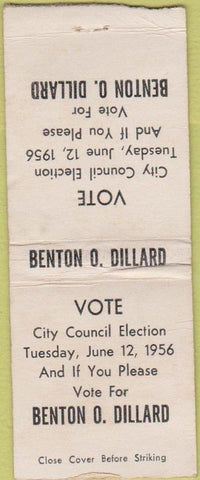 Matchbook Cover - Benton Dillard City Council Election Roanoke BOBTAIL