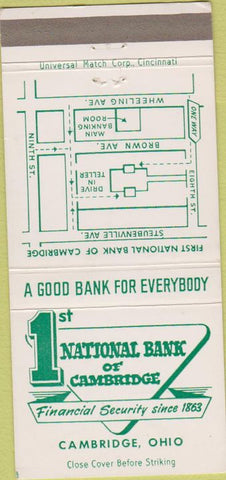 Matchbook Cover - 1st National Bank Cambridge OH 30 Strike