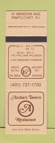 Matchbook Cover - Archie's Tavern Restaurant Pawtucket RI
