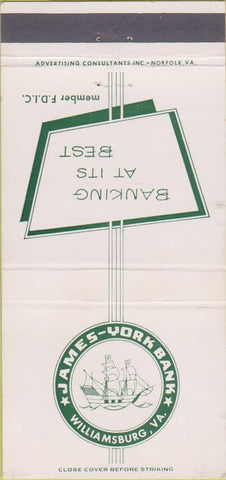 Matchbook Cover - James York Bank Williamsburg VA 30 Strike