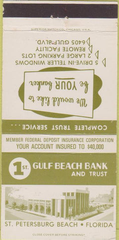 Matchbook Cover - 1st Gulf Beach Bank St Petersburg FL 30 Strike