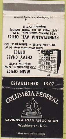 Matchbook Cover - Columbia Federal Bank Washington DC WORN 30 Strike