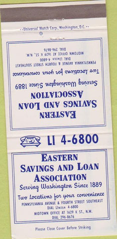 Matchbook Cover - Eastern Savings Loan Washington DC 30 Strike