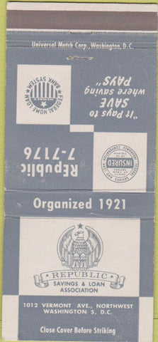 Matchbook Cover - Republic Savings Loan Washington DC 30 Strike