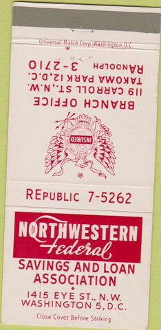 Matchbook Cover - Northwest Federal Savings Loan Washington DC  30 Strike