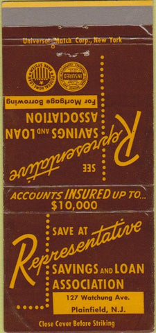 Matchbook Cover - Representative Savings Loan Plainfield NJ WEAR 30 Strike