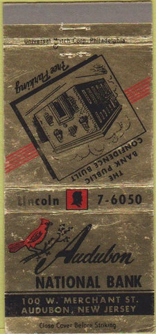 Matchbook Cover - Audobon National Bank NJ cardinal 30 Strike