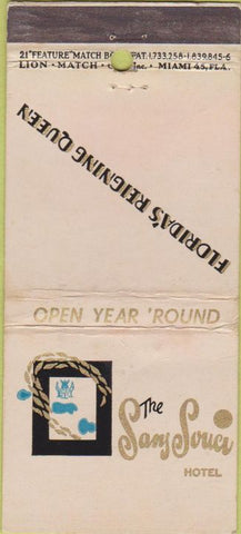 Matchbook Cover - San Souci Hotel Miami Beach FL WEAR 21 Stick Feature