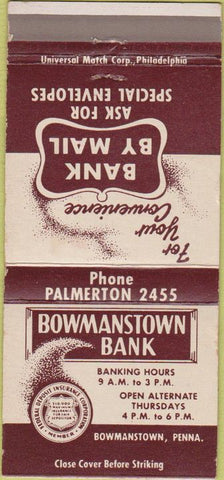 Matchbook Cover - Bowmanston Bank PA 30 Strike