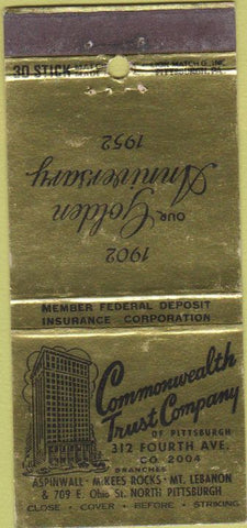 Matchbook Cover - Commonwealth Trust Co North Pittsburgh PA 30 Stick