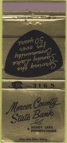 Matchbook Cover - Mercer County State Bank Sandy Lake PA 30 Strike