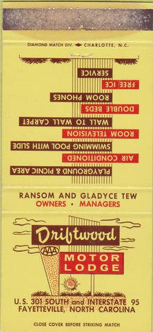 Matchbook Cover - Driftwood Motor Lodge Fayetteville NC WEAR 30 Strike