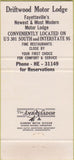 Matchbook Cover - Driftwood Motor Lodge Fayetteville NC WEAR 30 Strike