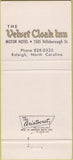 Matchbook Cover - Velvet Cloak Motor Hotel Raleigh NC 30 Strike