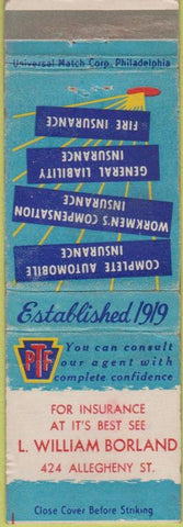 Matchbook Cover - Insurace William Borland NO TOWN
