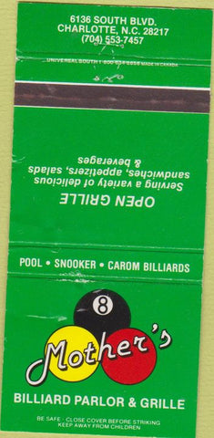 Matchbook Cover - Mother's Billiard Parlor Charlotte NC WEAR 30 Strike
