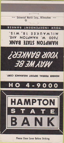 Matchbook Cover - Hampton State Bank Milwaukee WI 30 Strike