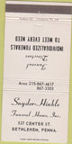Matchbook Cover - Snyder Hinkle Funeral Home Bethlehem PA 30 Strike