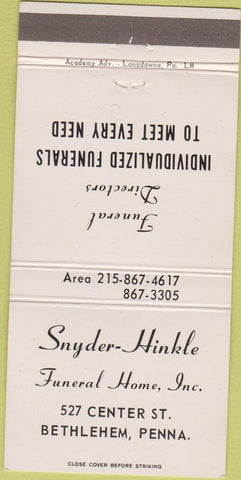 Matchbook Cover - Snyder Hinkle Funeral Home Bethlehem PA 30 Strike