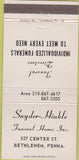 Matchbook Cover - Snyder Hinkle Funeral Home Bethlehem PA 30 Strike